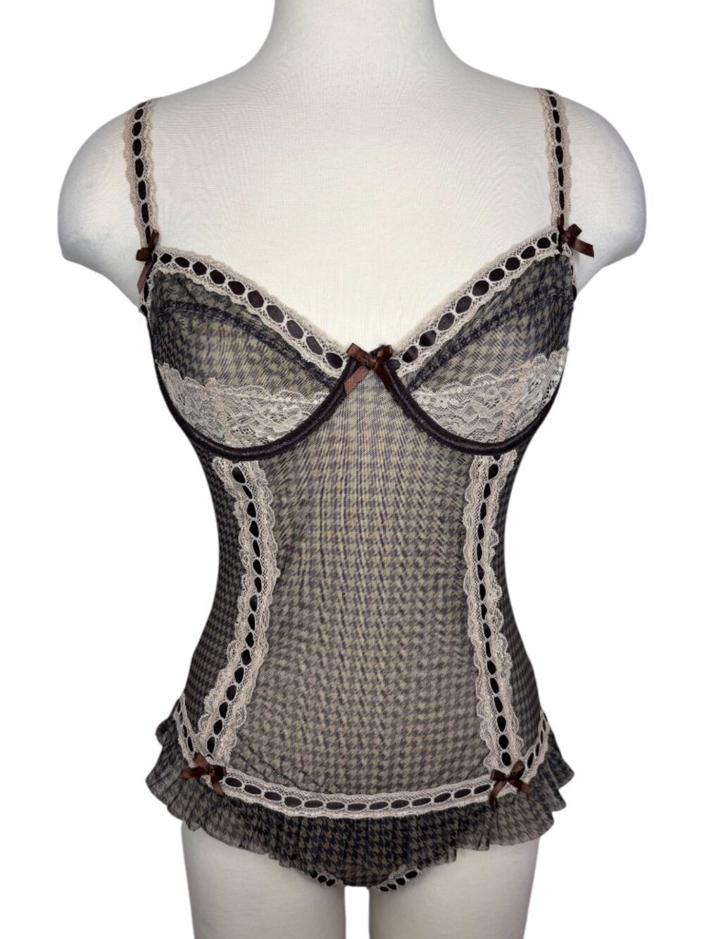 Sugar Thrillz Brown And Beige Sheer Houndstooth Bodysuit Lingerie Size Medium